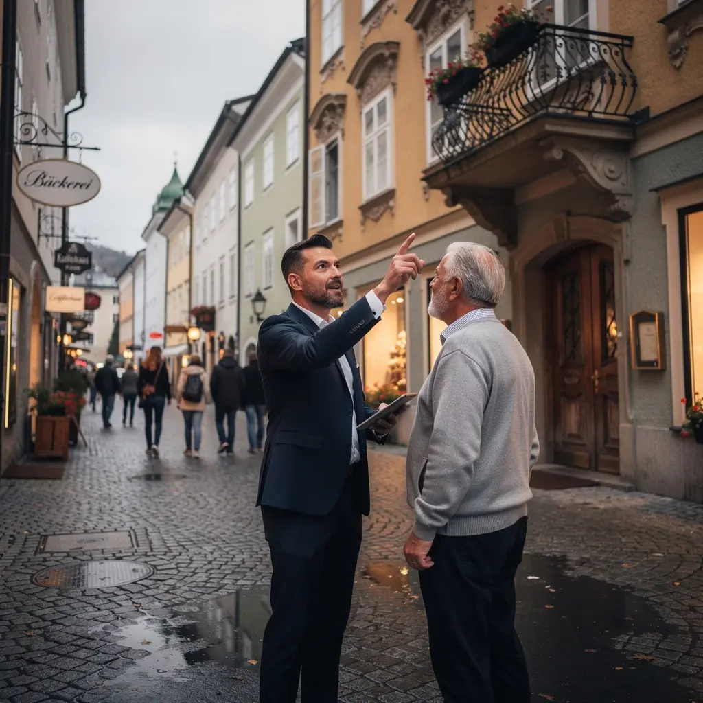 Pittoreske StraГџenansicht der Salzburger Altstadt mit historischen HГ¤usern und blГјhenden Blumen im Vordergrund.