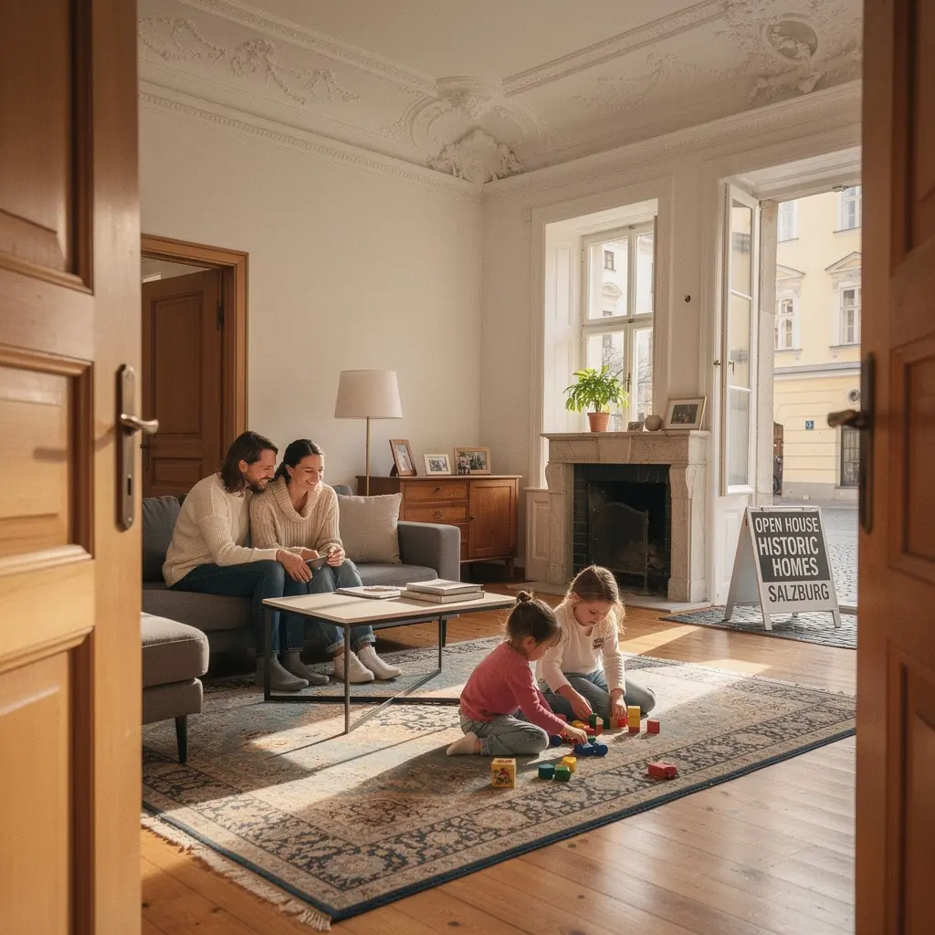 Sonnenuntergang über der Altstadt von Salzburg, der die Architektur erleuchtet.